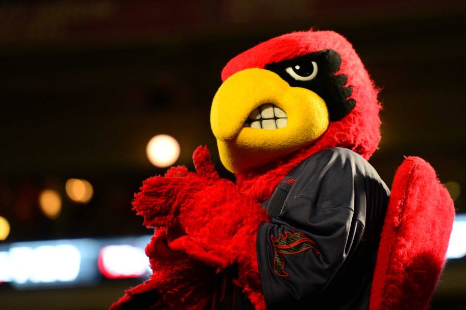 La mascotte dei Louisville Cardinals osserva l&#39;incontro con i Florida State Seminoles, al Papa John’s Cardinal Stadium (Reuters)